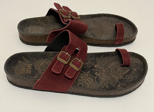 Muk Luks Daisy Zehenschlaufen-Sandalen Damengröße 10 Rindsveloursleder burgunderrot NEU
