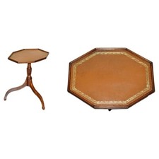 MAHOGANY OCTAGONAL BROWN LEATHER GOLD LEAF TRIPOD SIDE END LAMP WINE TABLE