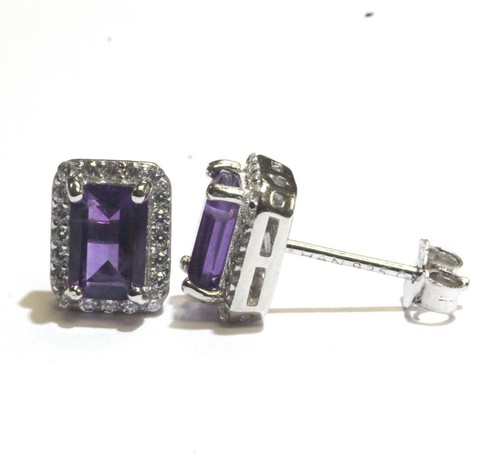 925 sterling silver emerald Amethyst White topaz gemstone halo stud earrings - Picture 3 of 6