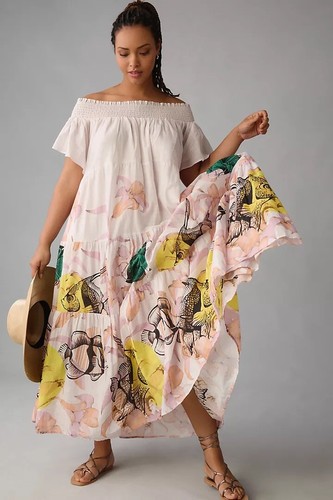 new Anthropologie Pia Binazzi Tiered Off-The-Shoulder Dress S M L Fish Aquatic  - Picture 4 of 9