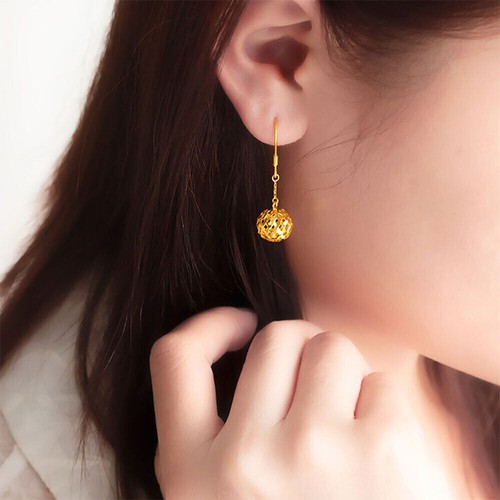 Neue echte massive 999 24K Gelbgold hohle Kugel Ohrhänger für Damen - Bild 5 von 6