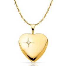 14K Yellow Gold Heart  CZ Locket Charm  1.2mm Flat Open Wheat Chain Necklace