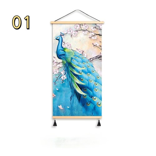Wall Hanging Pictures Peacock Printed Poster Wooden Scroll Painting Wall Art - Foto 6 di 21