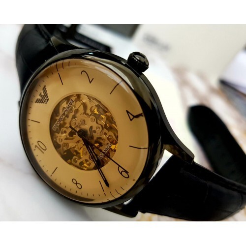 Emporio Armani Meccanico AR1923 Automatic Skeleton Amber Dial Black Steel Watch - Picture 7 of 8
