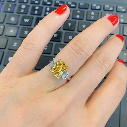 3.40 Ct Emerald Cut Yellow Citrine Wedding Engagement Ring 14k White Gold Finish - Picture 2 of 7