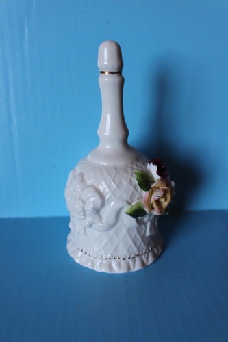PORCELAIN ITALY BELL FLORAL DECOR MILK WHITE GOLD TRIM PINK RED YELLOW FLOWERS - Picture 3 of 10