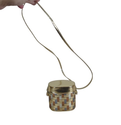 La Regale Vintage Gold Silver Gray Brown Metallic Crossbody Box Basket Weave Bag - Picture 3 of 16