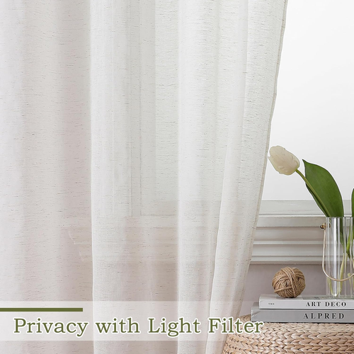 Linen Blend Sheer Curtains 84 inches Long 2 Panels Set for Bedroom, Natural Line - Picture 2 of 12