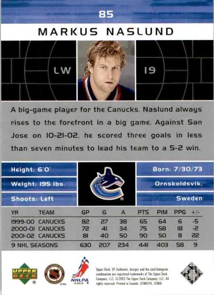 2002-03 Upper Deck SP Authentic Markus Naslund #85 - Image 2 of 2