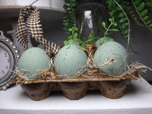 Farmhouse style primitive Fake Eggs in carton, Rustic Tiered Tray Decor - Picture 3 of 9