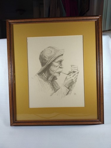 VTG Joni Eareckson Fisherman with Pipe in mouth Framed signed RARE - Photo 1 sur 12