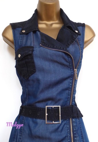 KAREN MILLEN ✩ TWO TONE DENIM ZIP BELTED COLLAR SAFARI STYLE SHIRT DRESS ✩ UK 8 - Picture 2 of 8