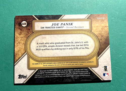 2017 JOE PANIK TOPPS TRIPLE THREADS AUTO GAME USED RELIC EMERALD /50 GIANTS - Picture 2 of 2