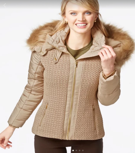 NWT-Jones-New-York-Faux-Fur-Trim-Quilted-Knit-Jacket-Beige-Small-NEW
