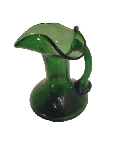 Small Vtg Handblown Green Crackle Glass PITCHER/ART GLASS.5" Tall. EUC  - Picture 1 of 5