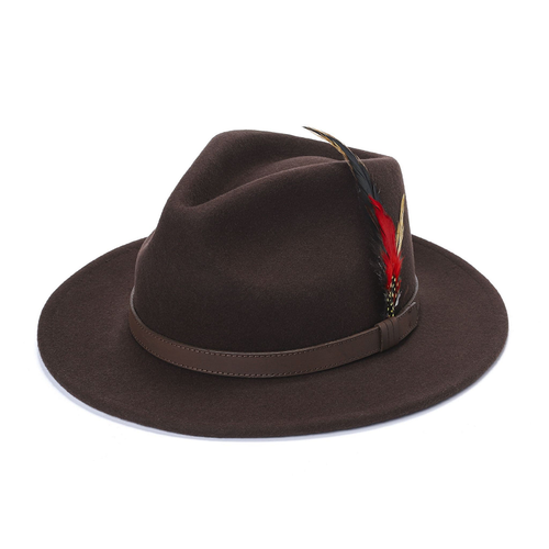 Mens Ladies Hat Fedora Wide Brim Feather Adjustable Band 100% Wool Brown Color - Picture 6 of 6