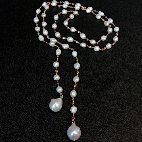 51'' Freshwater White Keshi Pearl Mixed Color Cz Pave Chain Long Necklace - Picture 2 of 8