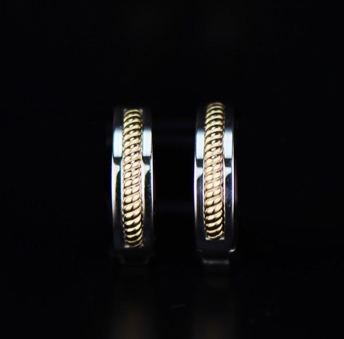 14k Yellow and White Gold Huggie Hoop Earrings Two Tones - Picture 8 of 9