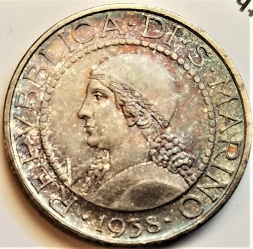 1938-R San Marino 5 Lire - AU Silver Coin - Spectacular Rare Toning