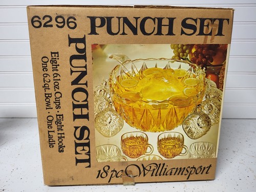 Vintage Glass Punch Bowl Set Williamsport Prism Cut 18 Pieces Sealed Box - Picture 4 of 6