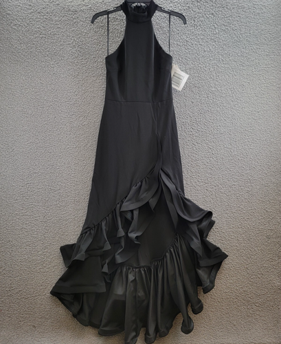 AQUA Racerback Ruffle Hem Gown Women's 4 Black Mock Neck Sleeveless Back Zip - Picture 2 of 15