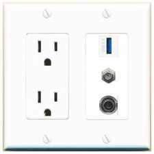 3 Port Power Outlet Cover Plug Jack UL 2 Gang 3-5MM COAX USB-3 Wall Plate