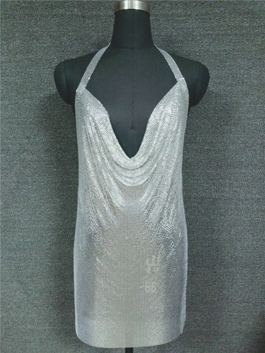 Mujeres Sexy Vestido Halter Cuello en V Sin Espalda Malla Metálica Noche Fiesta Hendidura - Imagen 15 de 30