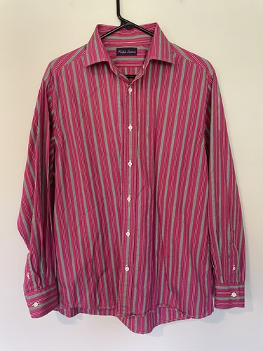 Ralph Lauren Shirt Men’s Large Pink Green Purple Label Striped Made Italy Cotton