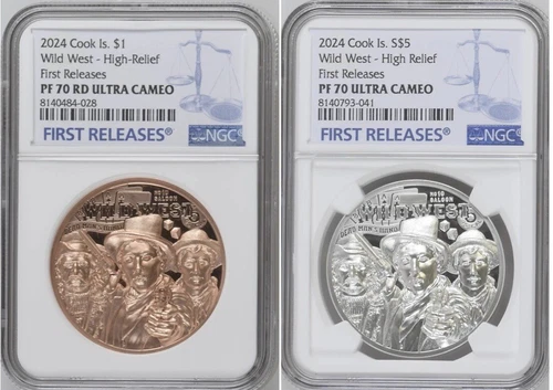 2 2024 Wild West Cook Islands 1oz Silver & 50g Copper Coins FR NGC PF70 Low Mint