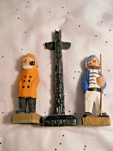2 Folk Art Hand Carved Seaman Captain Sailor Wood Figures, 1 Totem Pole Eagle 