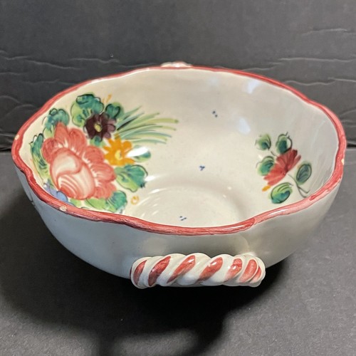 Intalian Pottery Vanro Pottery Bowl with Handles Signed Flowers Pink Green - Picture 4 of 10