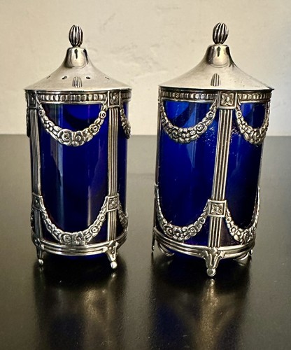 Salero Pimentero Coctelera Mema Suecia Plata Vidrio Azul Cobalto - Imagen 2 de 8