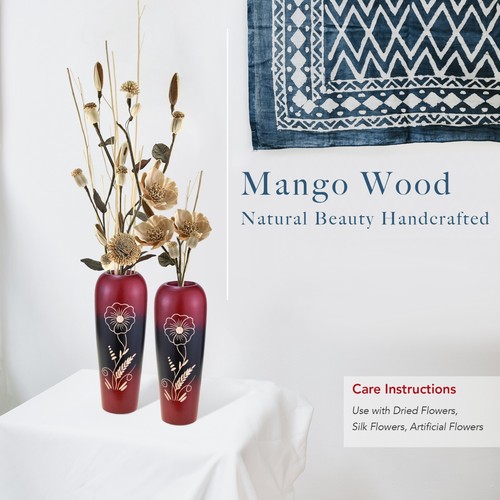 Delightful Blossoming Flower Red 8-inch Mango Tree Wood Flower Set of 2 Vase - Picture 3 of 4