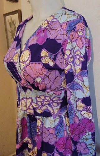 Amazing Vintage 70s Purple Floral Stained Glass Midi Dress Size S/M Boho Arty  - Picture 4 of 12