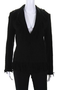 Elie-Tahari-Womens-Fringe-Knit-V-Neck-Blazer-Jacket-Black-Cotton-Size-Small