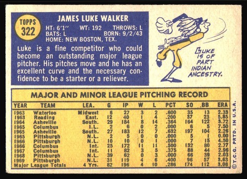 1970 Topps Luke Walker #322 Piratas de Pittsburgh - Imagen 2 de 2