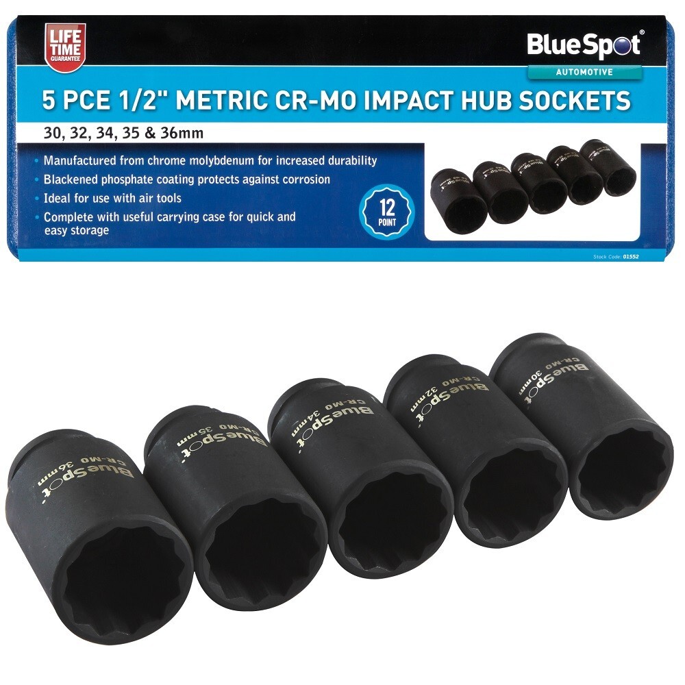 Blue Spot Tools 5 PCE 1/2"" Metric Cr-Mo Impact Hub Sockets (30-36mm)