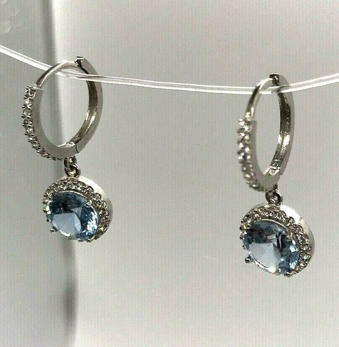925 Sterling Silver Huggie Dangling Earrings with CZ March Aquamarine Birthstone - Picture 3 of 5