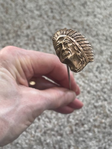 VTG true  Antique Long 9” Brass Indian Head Hat Pin Noble Savage Era, 1.25" Head - Picture 4 of 5