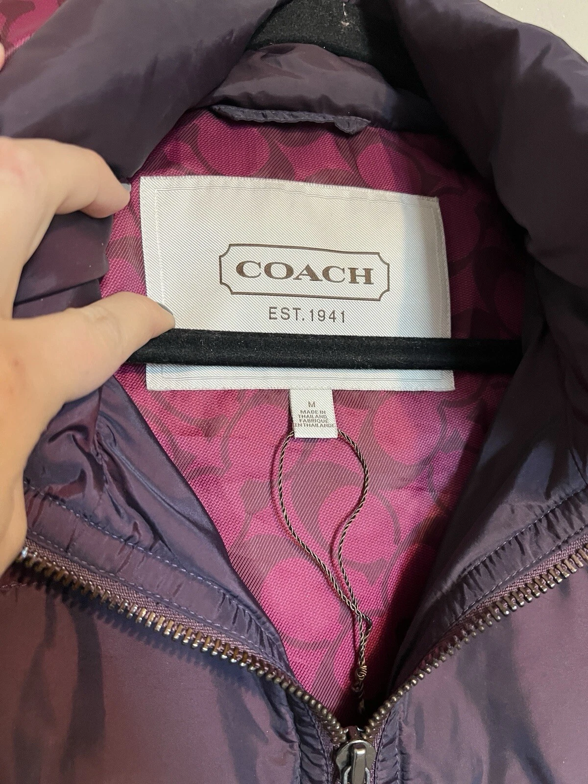 Coach donna trapuntato puffer coat giacca viola cintura piumino parka taglia media