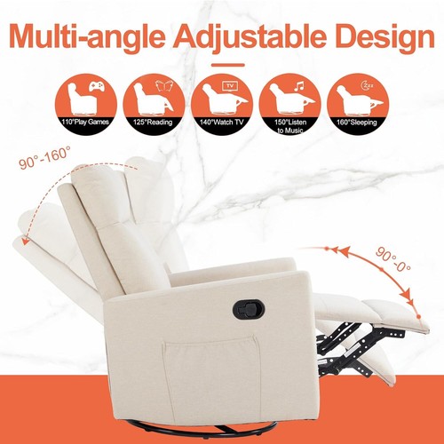 Beige Swivel Rocker Recliner Chair Manual Singer Sofa Bedroom Nursery Glider - Picture 6 of 7