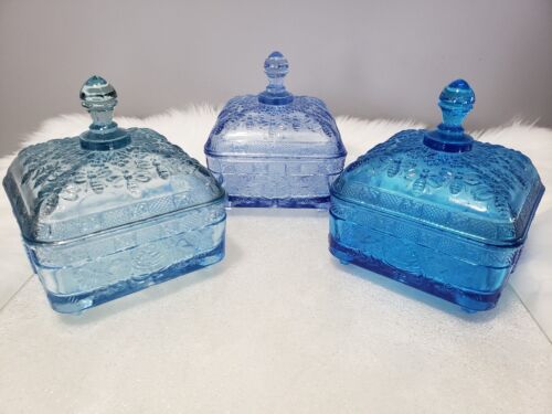 3 Tiara Glass Honey Bee Hive Covered Footed Candy Dish Ice Blue Regal Royal - Picture 2 of 14