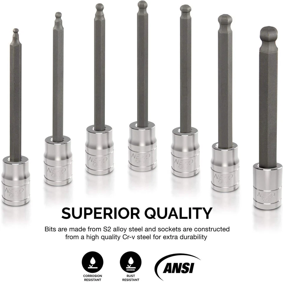 Neiko 10072A 3/8" Drive Extra Long Allen Hex Bit Socket Set, SAE, 1/8" - 3/8" | - Image 2 of 4