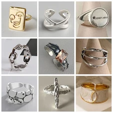 Silver Tone Geometric Open Cuff Ring Women Classic Adjustable Daily Jewelry