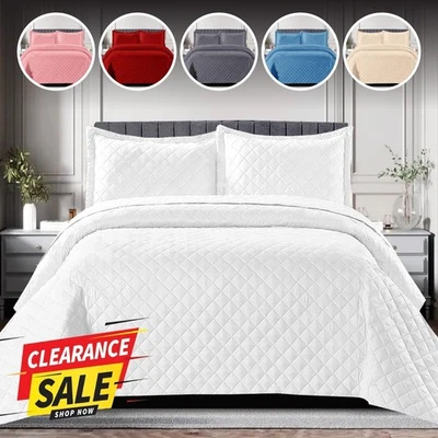 3 Piece Quilted Bedspread Bed Throw Embossed Bedding Set Single Double King Size - Image 1 of 4
