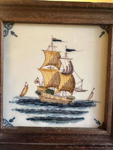 Vintage Hand Painted Makkum Tile Ship With Sails Boat Wooden Frame Dutch Pottery - Picture 2 of 5
