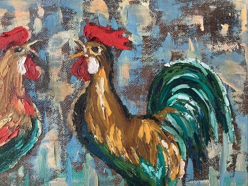 Seltenes frühes Gemälde von Pamela Feigling Öle auf Karton RIVALENS Hähne 60’s Kitsch - Bild 2 von 10