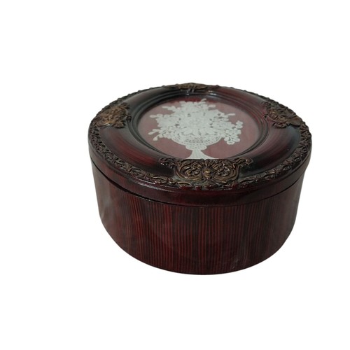 Vtg Cherry Wood Velvet Lined Jewelry Trinket Box Picture Frame Lid /Lace Flowers - Picture 1 of 15
