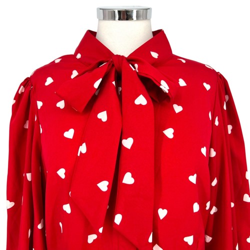 Unikat Vintage Gwen rot weiß Herz Print Bluse Puffärmel Größe L - Bild 2 von 12