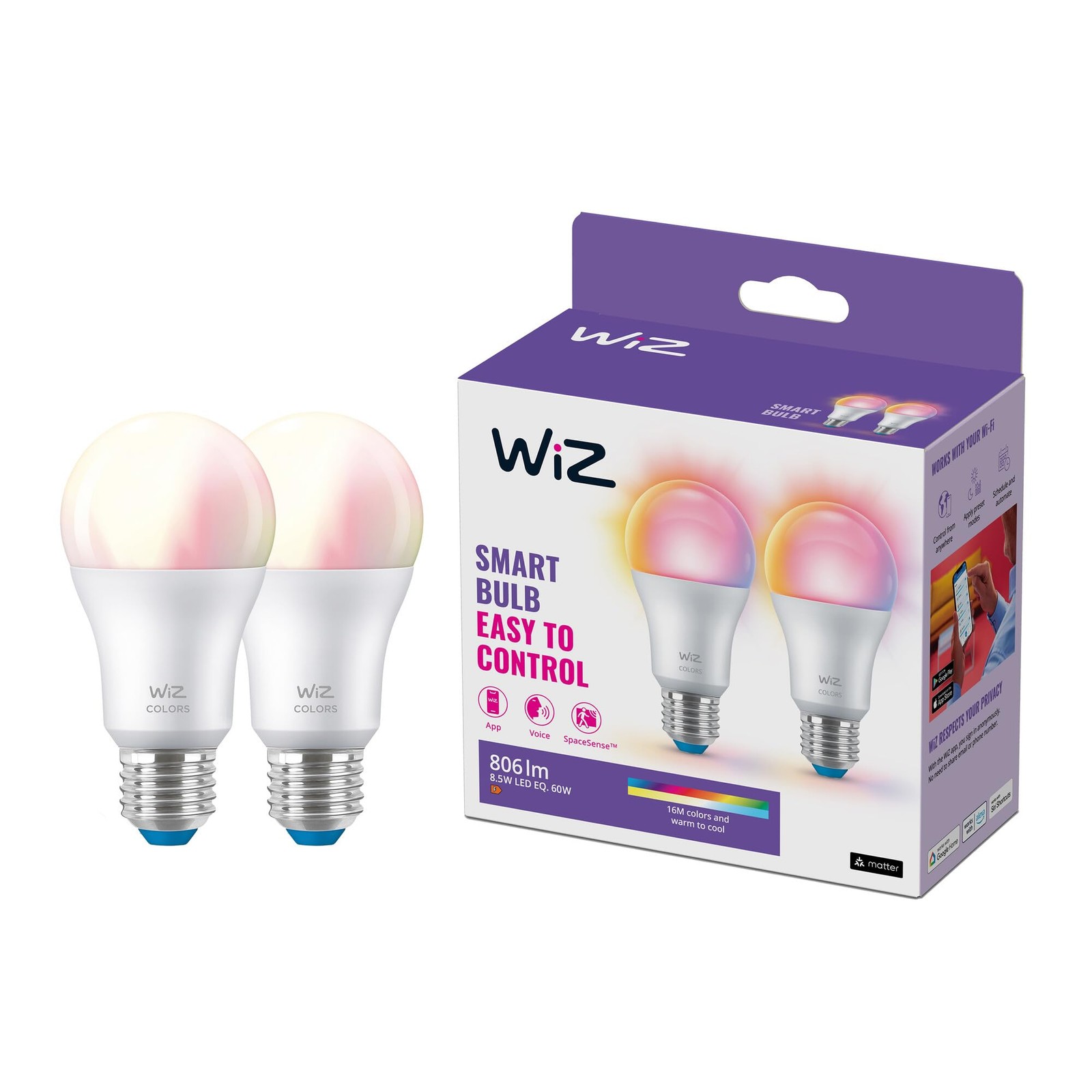 Wiz Connected WIZ WI-FI BLE 60W A60 E27 822-65 RGB 2PK НОВЫЙ